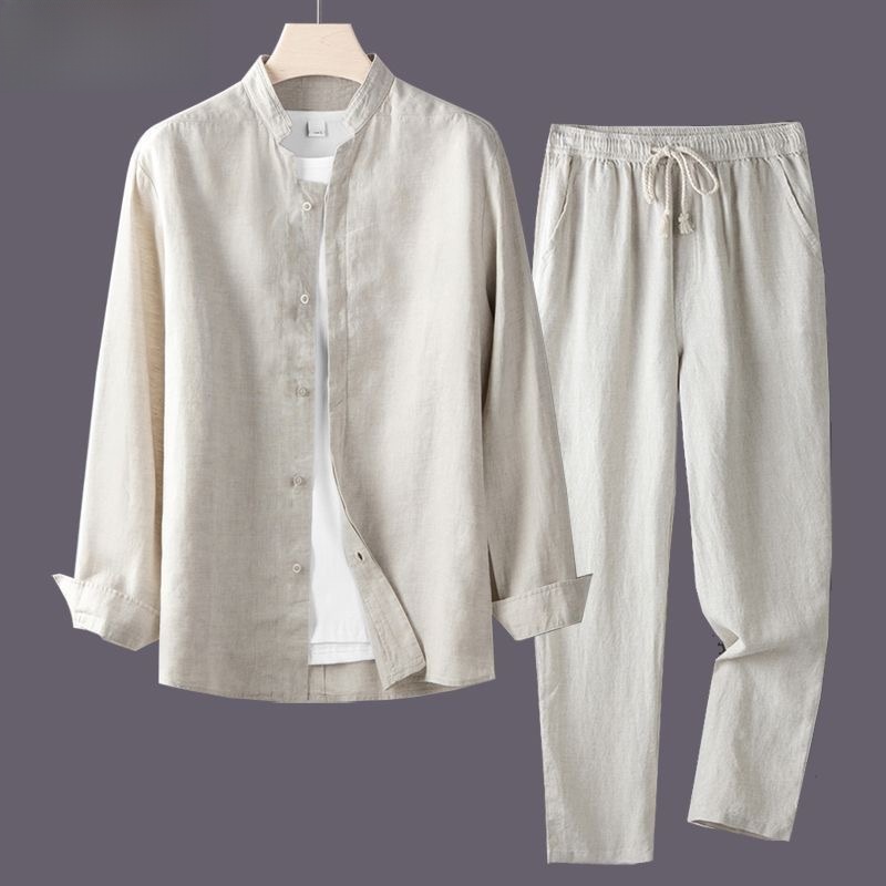 Linen Shirt Breathable - Weißes Langarmhemd und lockere Baumwoll-Leinen-Herrenhose mit