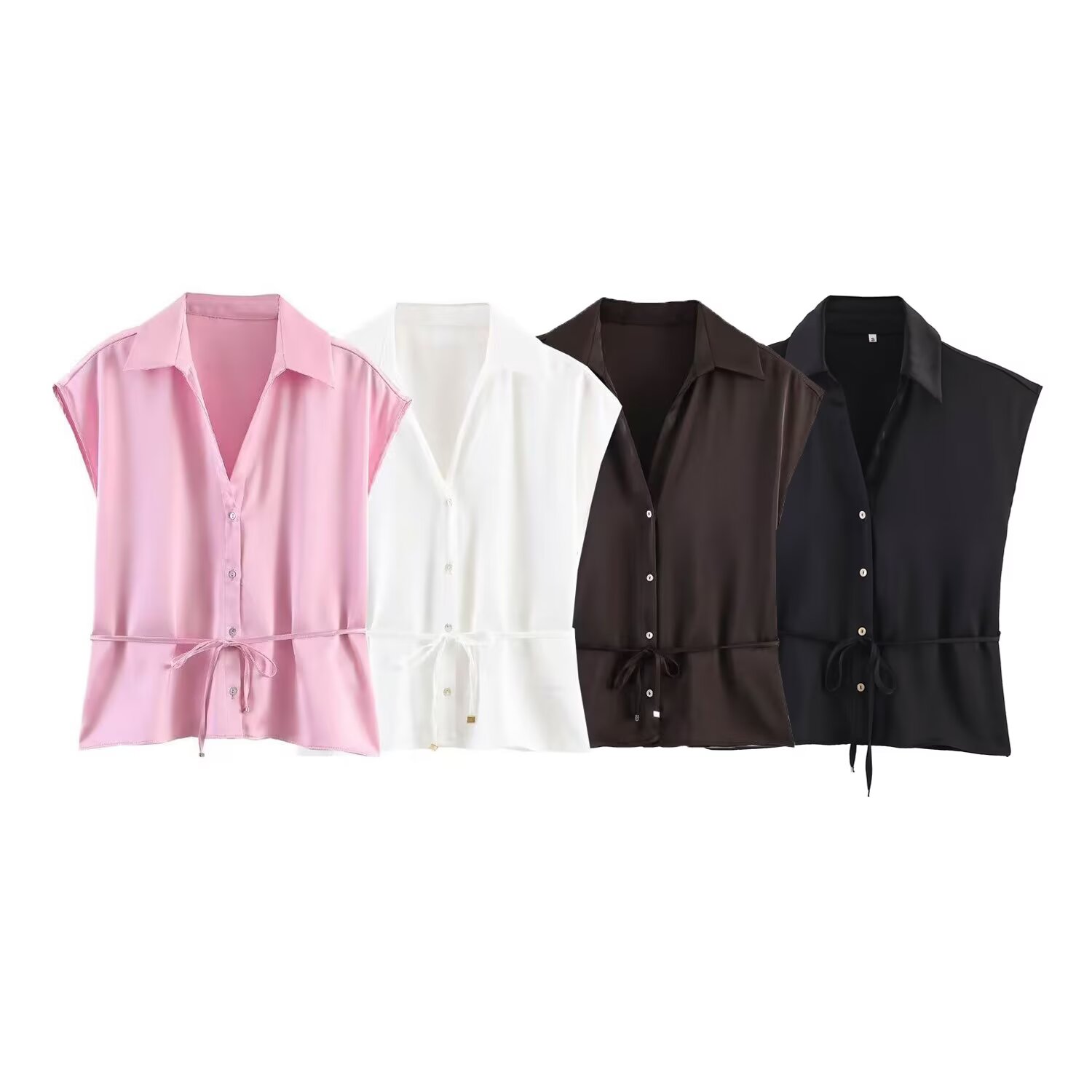 Shirt Camp Collar - Willshela Damenmode mit Gürtel, einfarbig, einreihig,