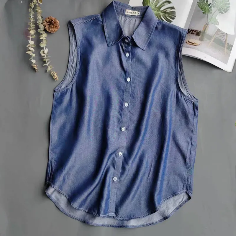 Damen Blaue Ärmellose Jeansblu – Shirt Camp Collar Bewertung und Preis