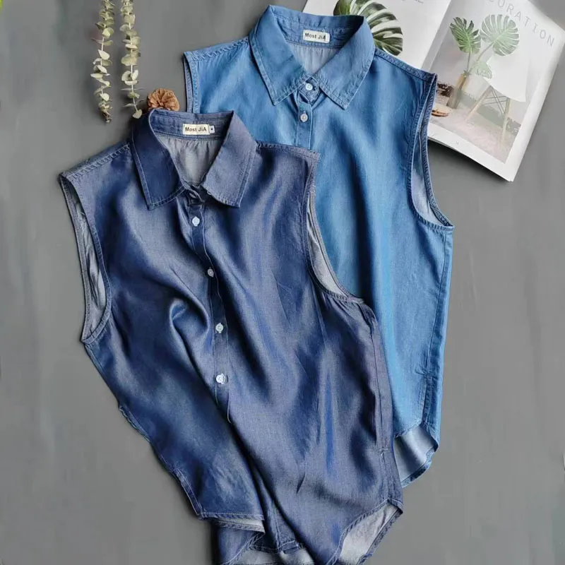 Damen Blaue Ärmellose Jeansblu – Shirt Camp Collar Bewertung und Preis