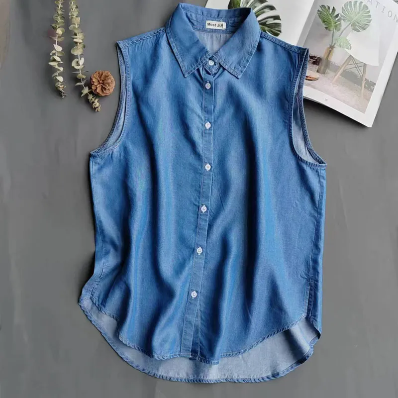 Damen Blaue Ärmellose Jeansblu – Shirt Camp Collar Bewertung und Preis